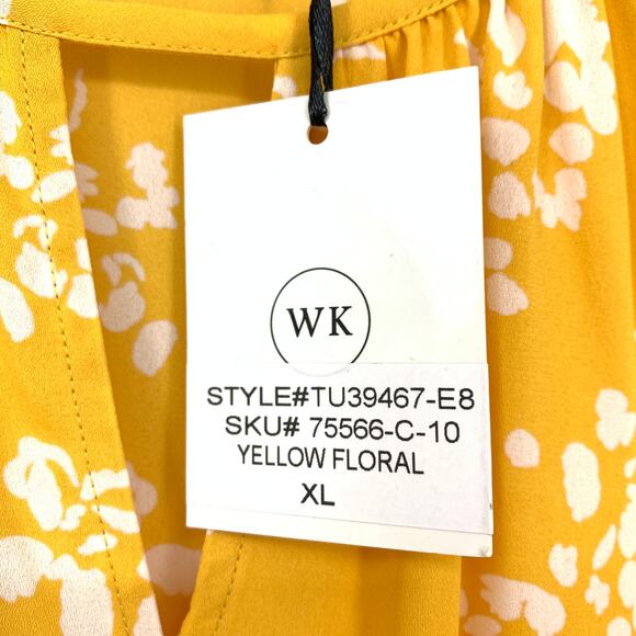 West K Tie Front Keyhole Neck Blouse Womens Sz XL Yellow White Floral Print NEW - Picture 6 of 7